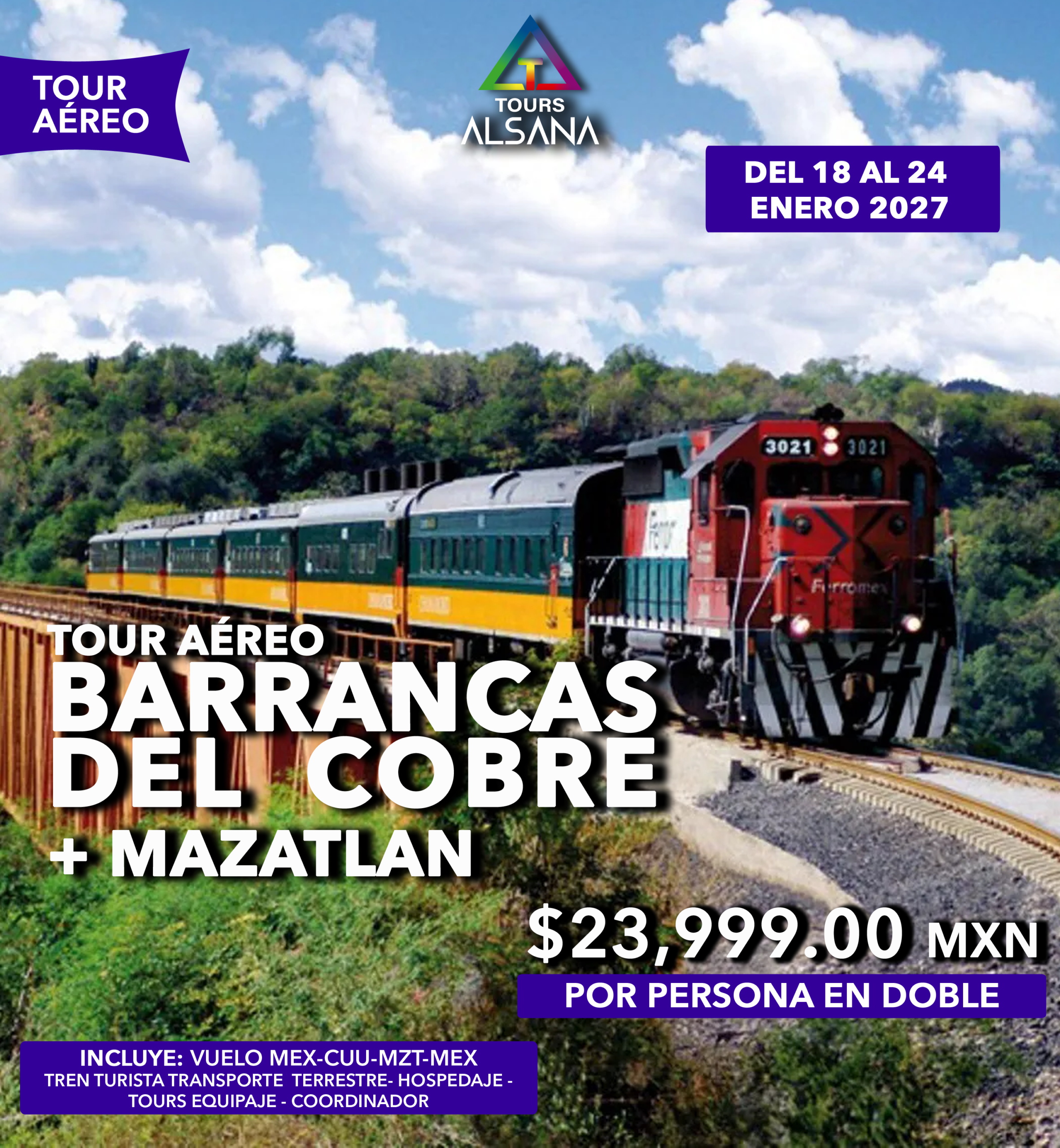 BARRANCAS DEL COBRE + MAZATLAN, Tour Aéreo