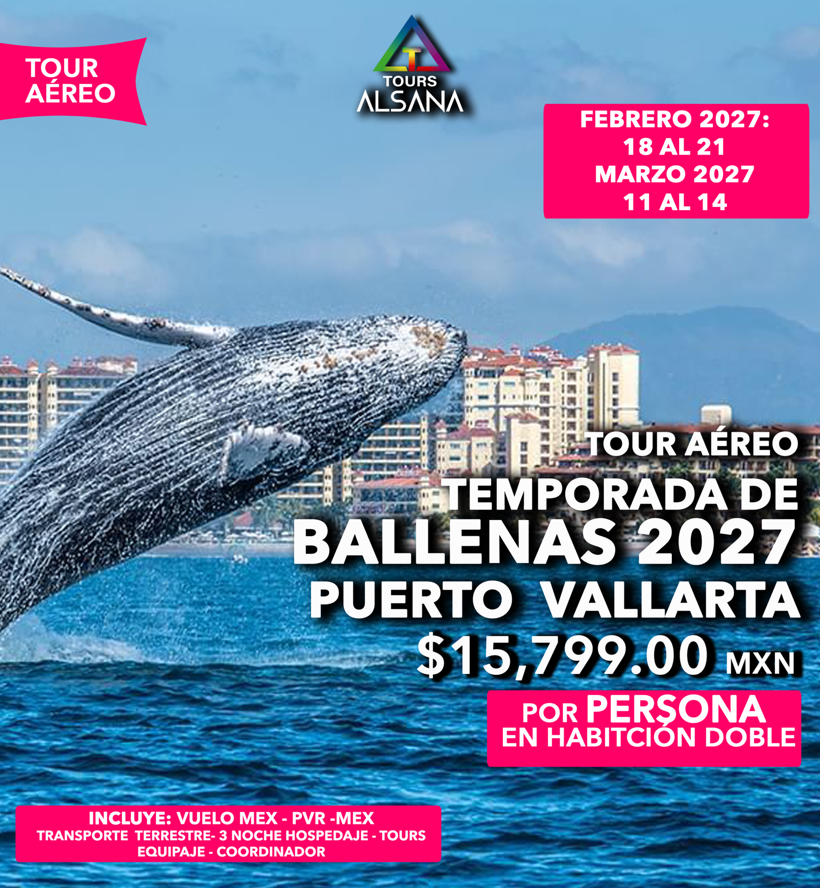 AVISTAMIENTO DE BALLENAS + Pto Vallarta Feb y Mar 2027